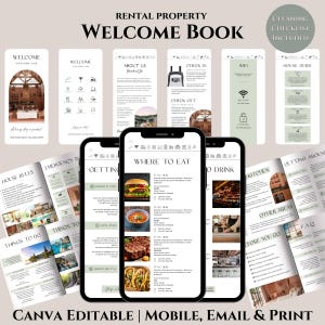 May include: A digital rental property welcome book template set featuring multiple page layouts for mobile, email, and print. The design includes sections for house rules, local dining, and check-in procedures with a cleaning checklist included.