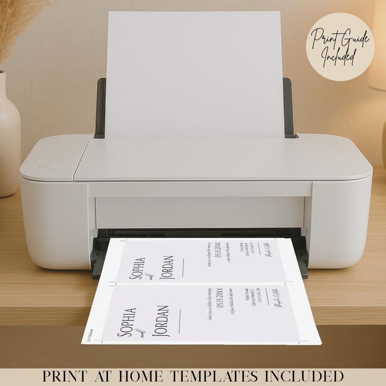 May include: A white printer printing wedding invitation templates. The invitations feature the names "Sophia and Jordan" and the date "05.15.20XX". The image includes the text "Print at Home Templates Included" and "Print Guide Included".
