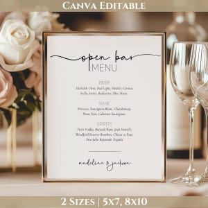 May include: A gold-framed open bar menu with a white background. The menu lists beer, wine, and spirits, including Tito's Vodka and Jack Daniel's. The text "madeline & jackson" is at the bottom. Two sizes are available: 5x7 and 8x10 inches.
