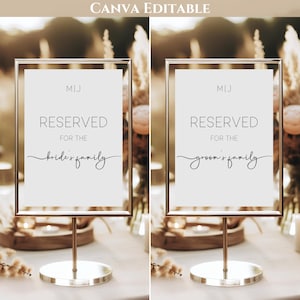 Può includere: Due cartelli incorniciati con la scritta "RESERVED" e "for the bride's family" e "for the groom's family". I cartelli sono in una cornice dorata e poggiano su una base rotonda dorata. La parte superiore dell'immagine recita "CANVA EDITABLE".
