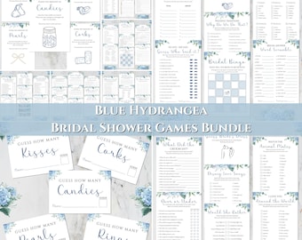Bridal Shower Games Bundle, 60 Games & 5 Guess How Many Signs with Tickets, Canva Template, PNG, PDF, Digital Download, Hydrangea, HY01