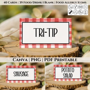 May include: Printable food labels with a red and white gingham border. The labels display the text "TRI-TIP", "SAUSAGE", and "POTATO SALAD". The image also includes food allergy icons and the text "CANVA | PNG | PDF PRINTABLE".