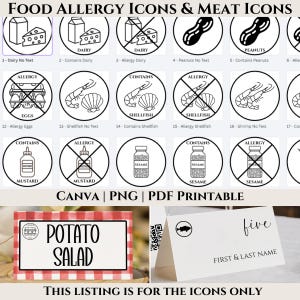 May include: A collection of black and white food allergy icons, including dairy, peanuts, eggs, shellfish, mustard, and sesame. Also includes a red and white checkered sign that says "POTATO SALAD" and a white card with the word "five".