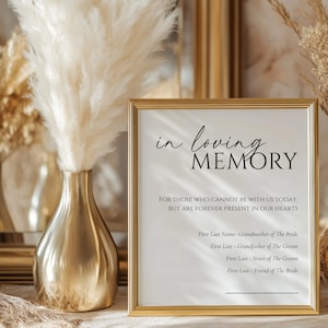 May include: A gold-toned picture frame containing a white sign with black text that reads: in loving MEMORY. FOR THOSE WHO CANNOT BE WITH US TODAY, BUT ARE FOREVER PRESENT IN OUR HEARTS. The sign includes placeholders for names and titles.