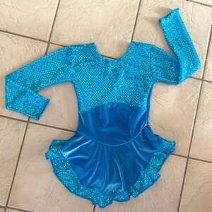 May include: A blue sequined long-sleeved leotard with a velvet skirt and ruffled trim.