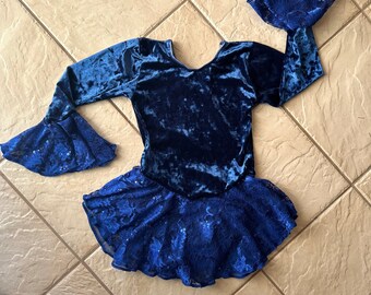 handmade Blue Velvet Sequin Lace Ruffle Sleeve Girls competition figure ice skating dress 4 (cxs) 4/6 (CS) 6/7 (CM) 8/10 (CL), 12/14, 14/16