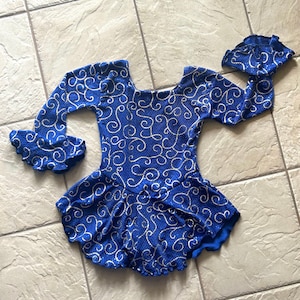 handmade Royal Blue Sequin Swirls Ruffle Sleeve Girls competition figure ice skating dress 4(cxs) 4/6 (CS), 6/7 (CM), 8/10(CL), 12/14, 14/16