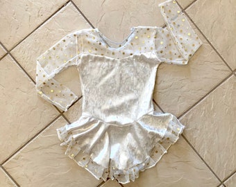 Girls Ivory Velvet Gold Polka Dot Tulle Ice Skating Dress (Size 6-7)