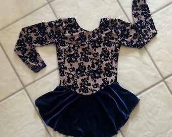 Handmade Kids Navy Blue Floral Mesh Velvet competition figure ice skating dress - Girls Sizes: 4, 4-6, 6x-7, 8-10, 12-14, 14-16
