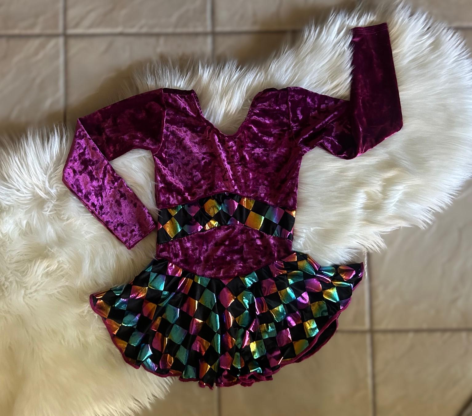 Handmade Raspberry Velvet Dance Dress, Metallic Diamond Print Dance Competition - Girls Size: 4, 4-6, 6-7, 8-10, 12-14, 14-16