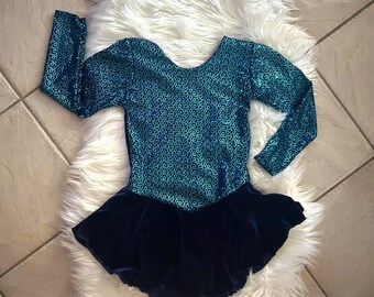 Girls Handmade NAVY Velvet Teal Sequin Sparkly Bodice Competition figure ice skating Dance Skate Dress (Kids S, M, L, XL, XXL)