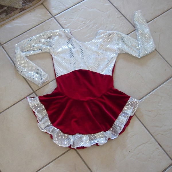 Handmade RED Velvet White Sequin ruffle GIRLS Competition Figure ice skating Dress sizes: 4T, 4/6, 6x/7, 8/10, 12/14