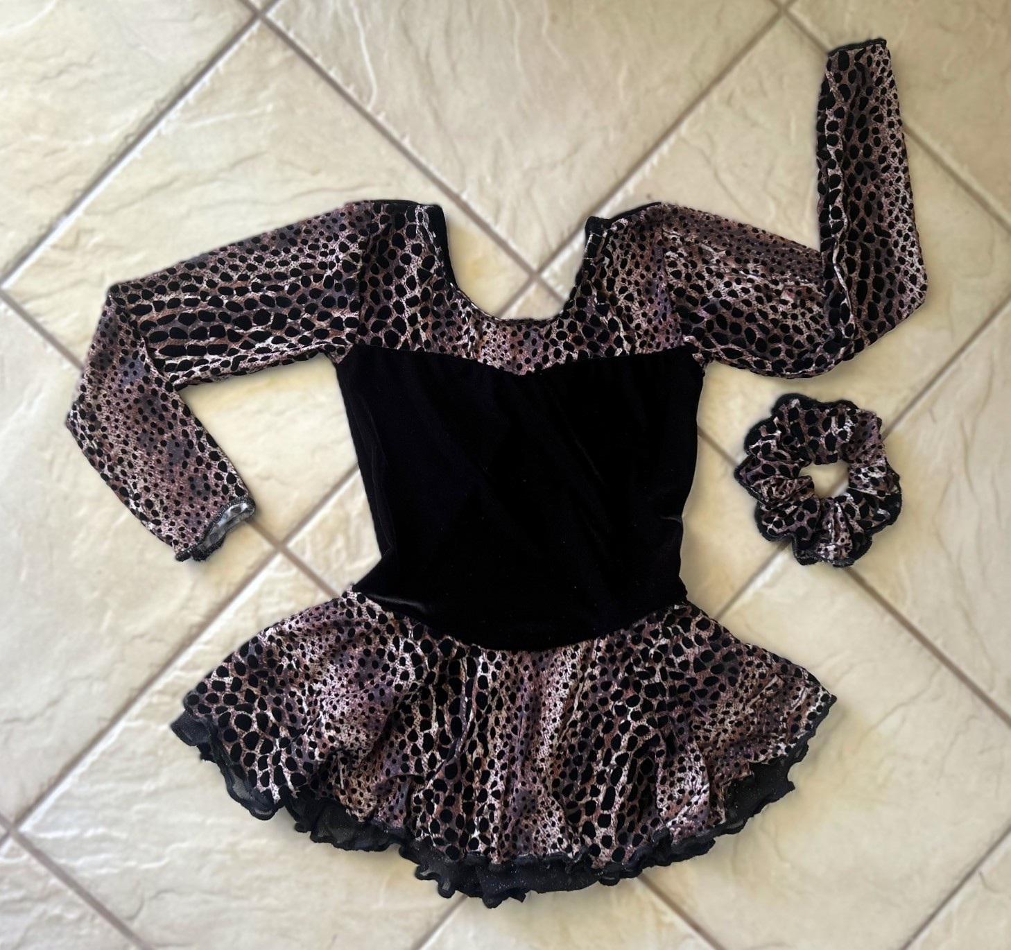 Handmade Girls Black & Brown Animal Print Velvet Leopard Figure Ice Skating Dress with Scrunchie Double Layered Skirt Child Size