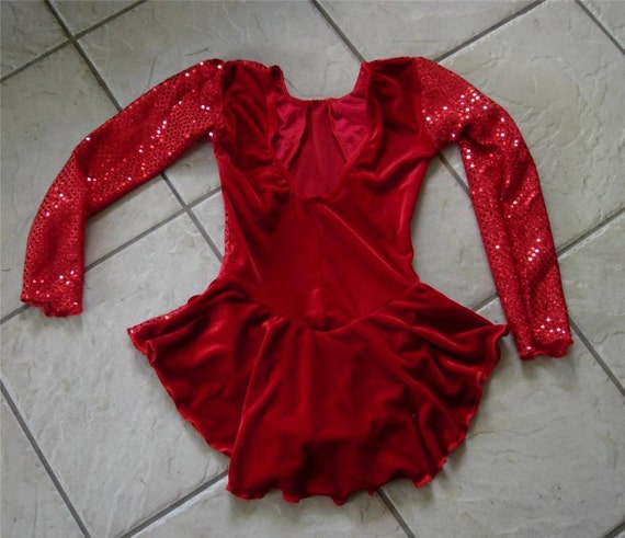 NEW RED Confetti Dots SEQUIN VELVET Competition GIRLS Figure ICE SKATING Dress 