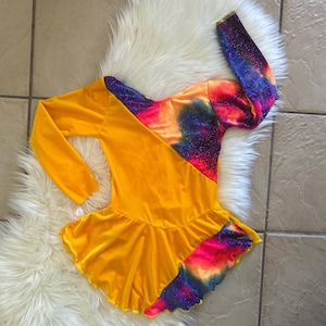 handmade Girls Yellow Velvet COLORFUL Rainbow GLITTERY Dance Competition Figure Ice Skating Dress kids size 4, 4-6, 6-7, 8-10, 12-14, 14-16