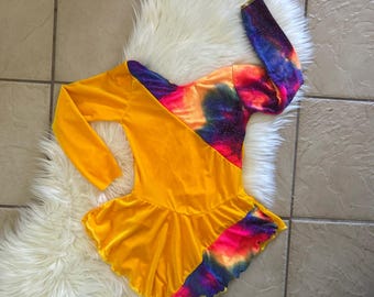 handmade Girls Yellow Velvet COLORFUL Rainbow GLITTERY Dance Competition Figure Ice Skating Dress kids size 4, 4-6, 6-7, 8-10, 12-14, 14-16