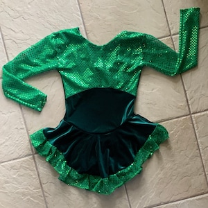 Handmade Green Velvet disco Sequin ruffle GIRLS Competition Figure ice skating Dress sizes: 4T, 4/6, 6x/7, 8/10, 12/14, 14/16