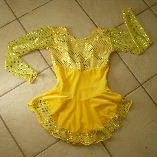 Handmade canary yellow sequin disco velvet Competition Figure Ice Skating Dress Girls 4 (CXS), 4/6 (CS), 6/7 (cm), 8/10 (cl), 12/14, 14/16