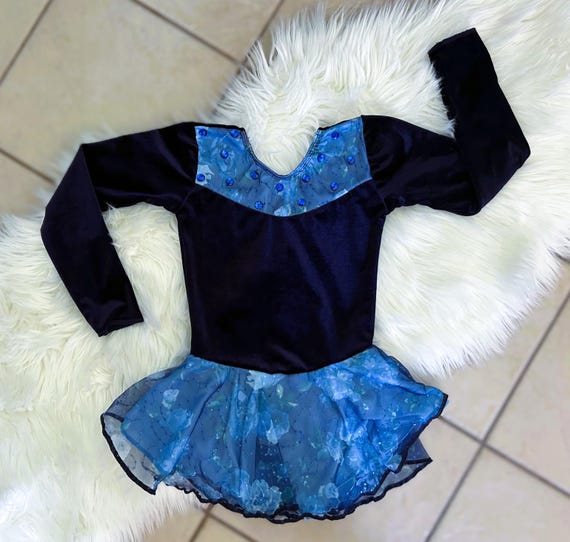 Handmade Girls Blue Velvet Glittery Floral Gems Dance Competition