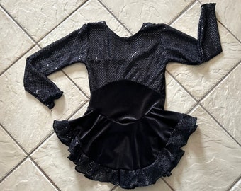 Handmade Black Confetti sequin bodice velvet Ruffle Competition Figure Ice Skating Dress 12/14 CXL