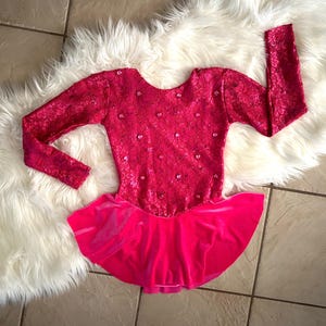 Handmade Girls Hot Pink Sequin lace Velvet Gems competition figure ice skating dress 4 (cxs), 4/6 (CS), 6/7 (CM), 8/10 (CL), 12/14, 14/16