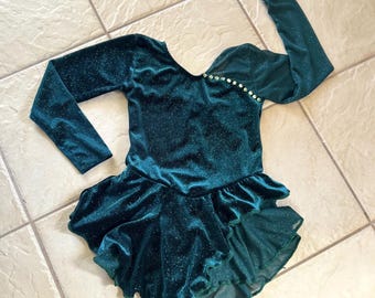 Handmade Girls Glittery Forest Green Velvet Gems Mesh Sleeve competition figure ice skating dress 4, 4/6, 6x/7, 8/10, 12/14, 14/16