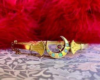 Otherworldly Delight : Victorian Era Etruscan Revival Crescent Moon & Star Bangle in 15ct and 9ct Gold