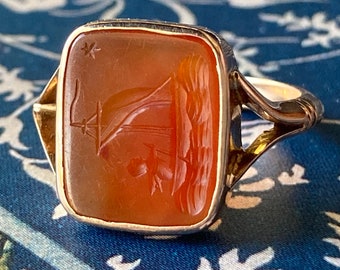 Captain Cupid : Antique Carnelian Intaglio Wax Seal Ring of Cupid in a Sailing Ship Guided By A Star