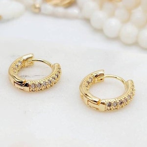 Mini Pave Huggie Hoop Earrings, 14k