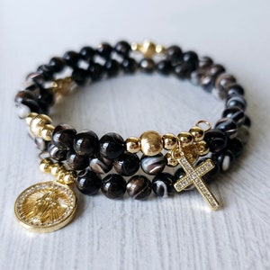 Brown Mother of Pearl Rosary Wrap Bracelet with Miraculous Medal and Cross, 14K