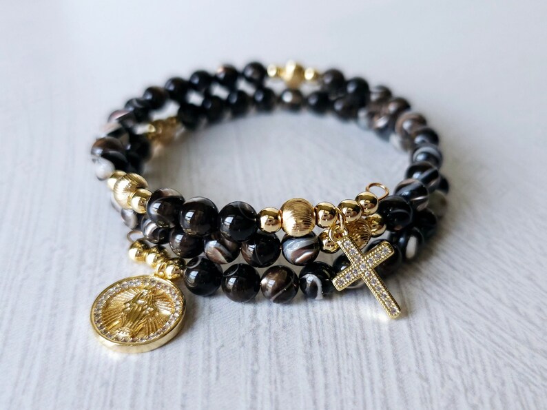 Brown Mother of Pearl Rosary Wrap Bracelet With Mary Charm and Cross ...