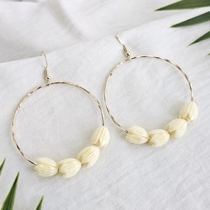 Pikake Flower Hoop Earrings, 14K