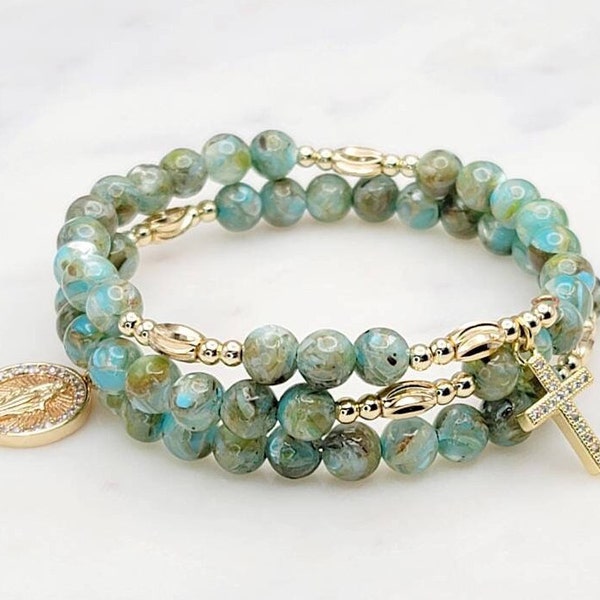 Turquoise and Green Shell Rosary Wrap Bracelet with Miraculous Medal and Cross, 14K