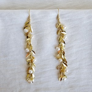 Maile and Pearl Drop Earrings, 14k
