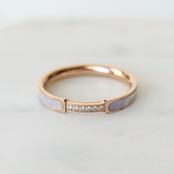 Rose Gold Mother of Pearl Ring with Five CZ Stones, 18K