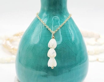 Triple Pikake Mother of Pearl Charm Necklace, 14k