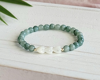 Triple Pikake and Green Burma Jade Stretch Bracelet