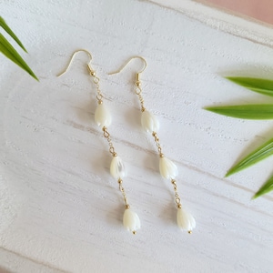 Triple Pikake Drop Earrings, Mother of Pearl 14K