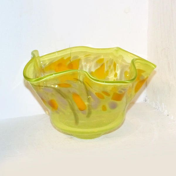 Freeform Glass Bowl Yellow and Green Artisan pinched glass