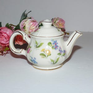 May include: A small, white porcelain teapot with a lid, decorated with colorful floral patterns. The teapot has a gold trim on the handle, spout, and base. Pink, yellow, and blue flowers are painted on the teapot's surface.