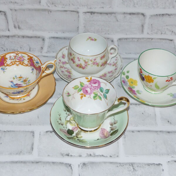 Four Mismatched sets of Bone China Teacups and Saucers England, Czechoslovakia