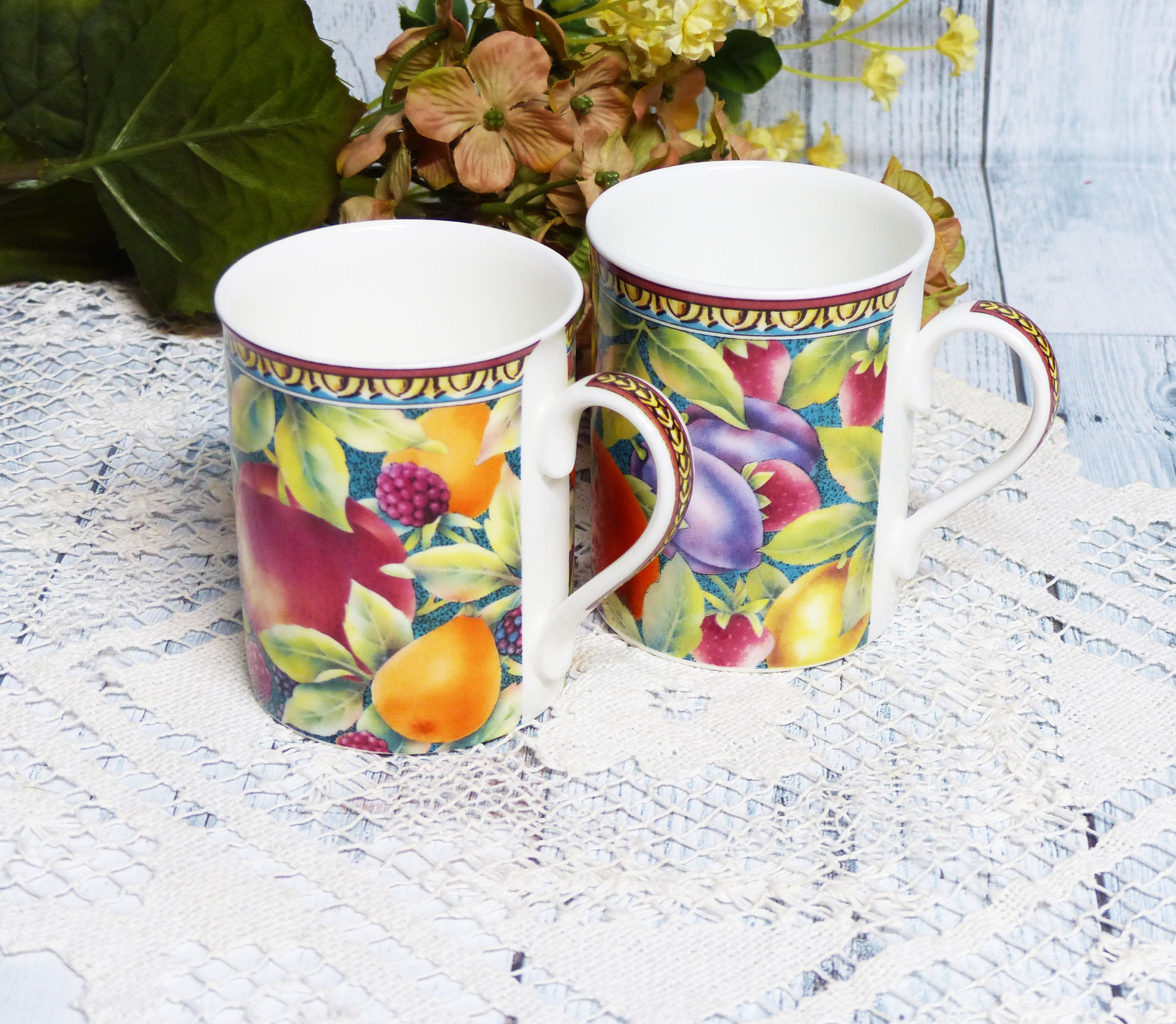 Royal Grafton England Bone China Coffee Mugs Set of Two Fruit