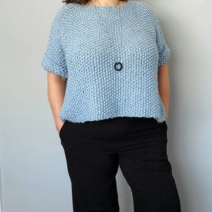 May include: A light blue, short-sleeved knit top with a round neckline. The top has a textured appearance and is paired with black pants. A black pendant necklace hangs from the neckline. The sleeves are cuffed.