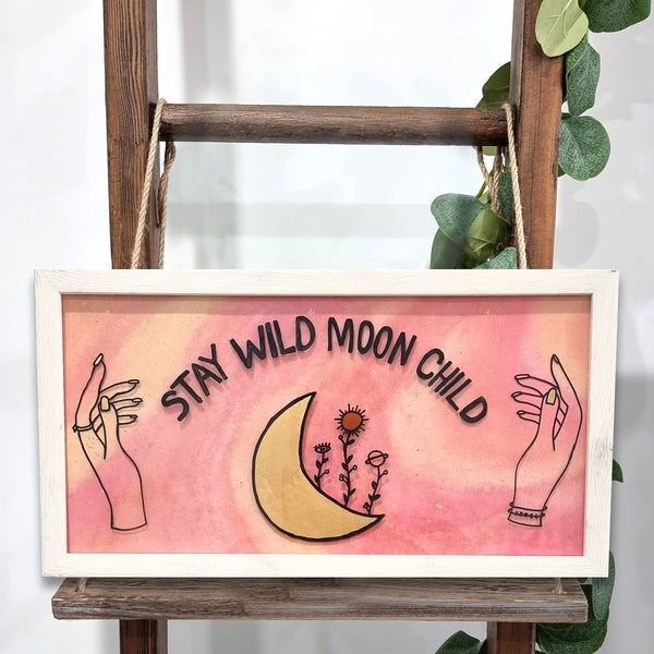HAND PAINTED ARTWORK | moon child frame with Gold accents, mystic stars moon sun planet Greek eye illustration with galaxy watercolour