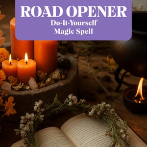 Puede incluir: Una naturaleza muerta con un libro abierto, una guirnalda floral y velas encendidas. La imagen incluye un cuenco de piedra con rocas doradas y tres velas naranjas. El texto en la parte superior dice "ROAD OPENER Do-It-Yourself Magic Spell."