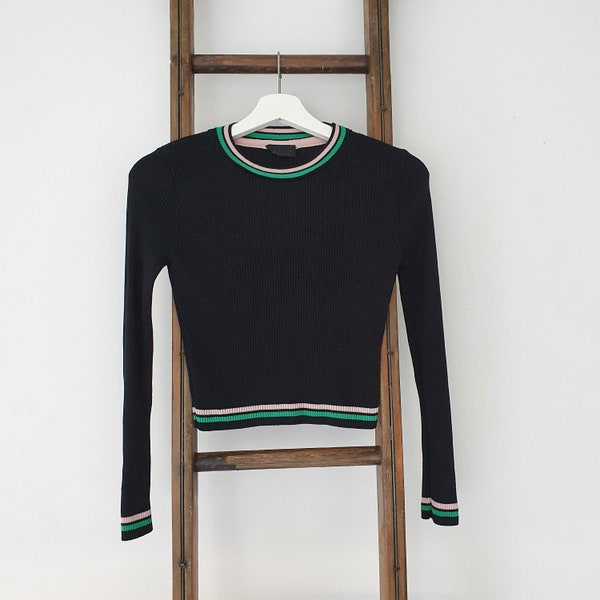 VINTAGE SWEATER | Ribbed Black Sweater TopShop Striped Trim Top with Green and Pale Pink Details