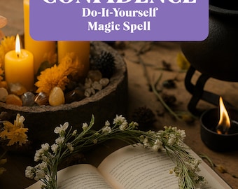 May include: An open book with a floral garland, candles, and a cauldron. The text "CONFIDENCE Do-It-Yourself Magic Spell" is displayed on a purple banner. The scene evokes a mystical or spiritual theme.