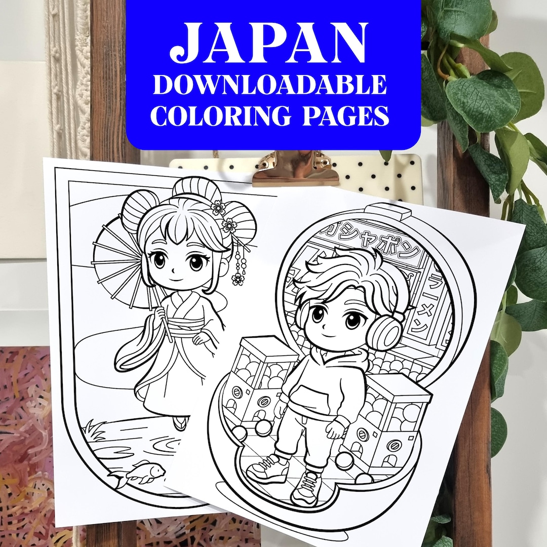 Washitsu Colouring In Japanese Inspired Coloring Pages Duo | Geisha Koi Pond & Gachapon Boy ...