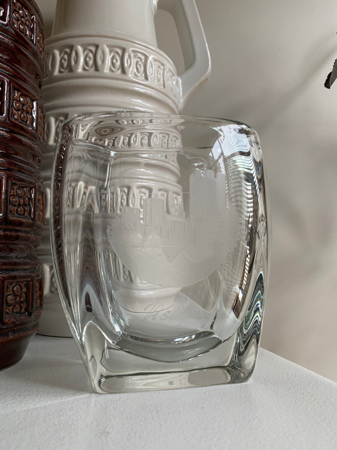 Gorgeous heavy Swedish crystal vase with depiction of castle | Etsy