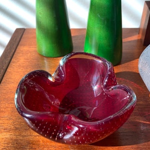 Deep red controlled bubble art glass ashtray or trinket dish vintage Italian